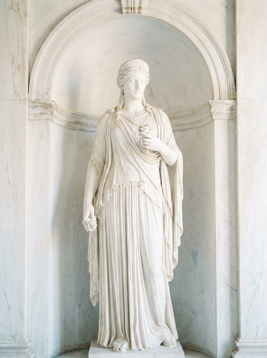 Estátua de deusa com rosas em nicho de mármore