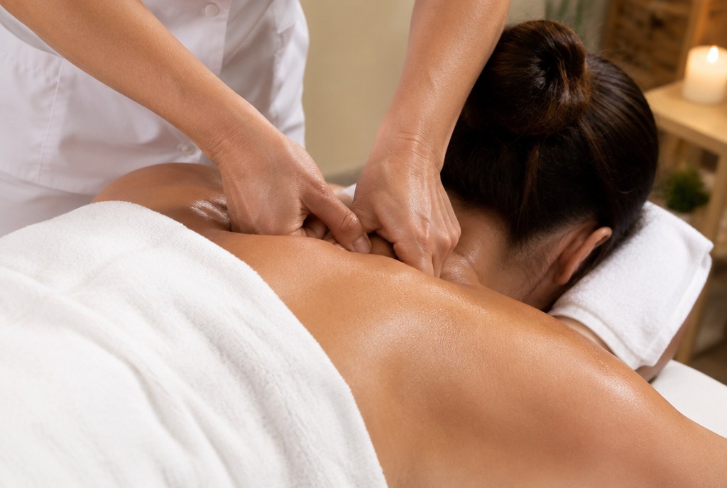 Mioterapia: terapeuta pressionando um ponto-gatilho no ombro
