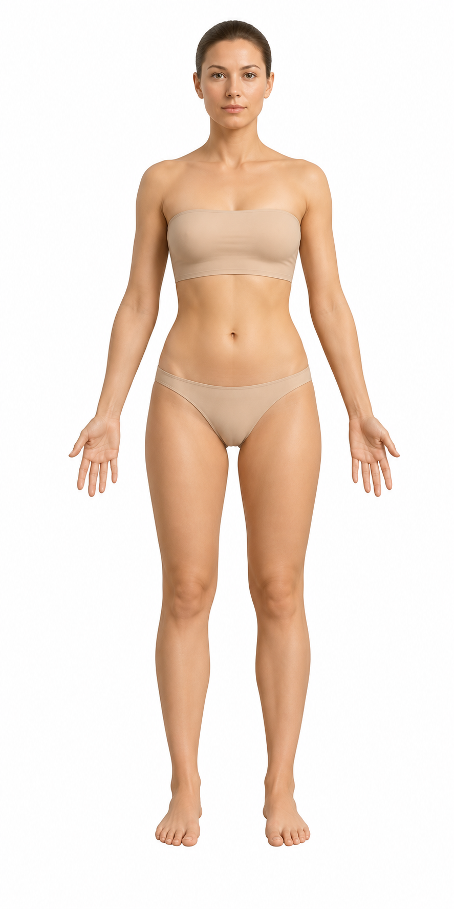 Corpo feminino de frente com o mapa da drenagem linfática: os territórios acima da cintura drenando para as axilas, abaixo para as virilhas, e todo o sistema desaguando no pescoço