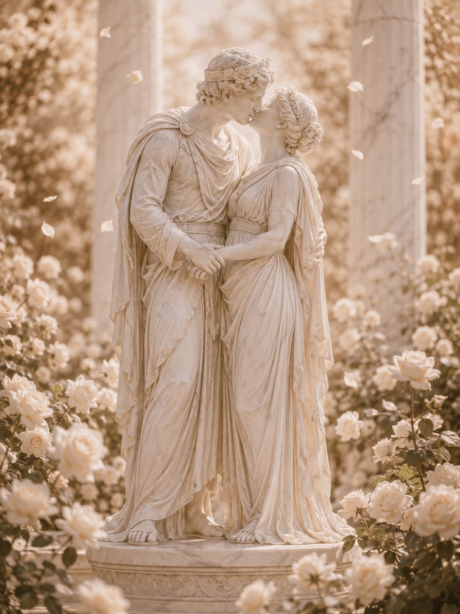 Estátua da deusa Afrodite entre rosas brancas