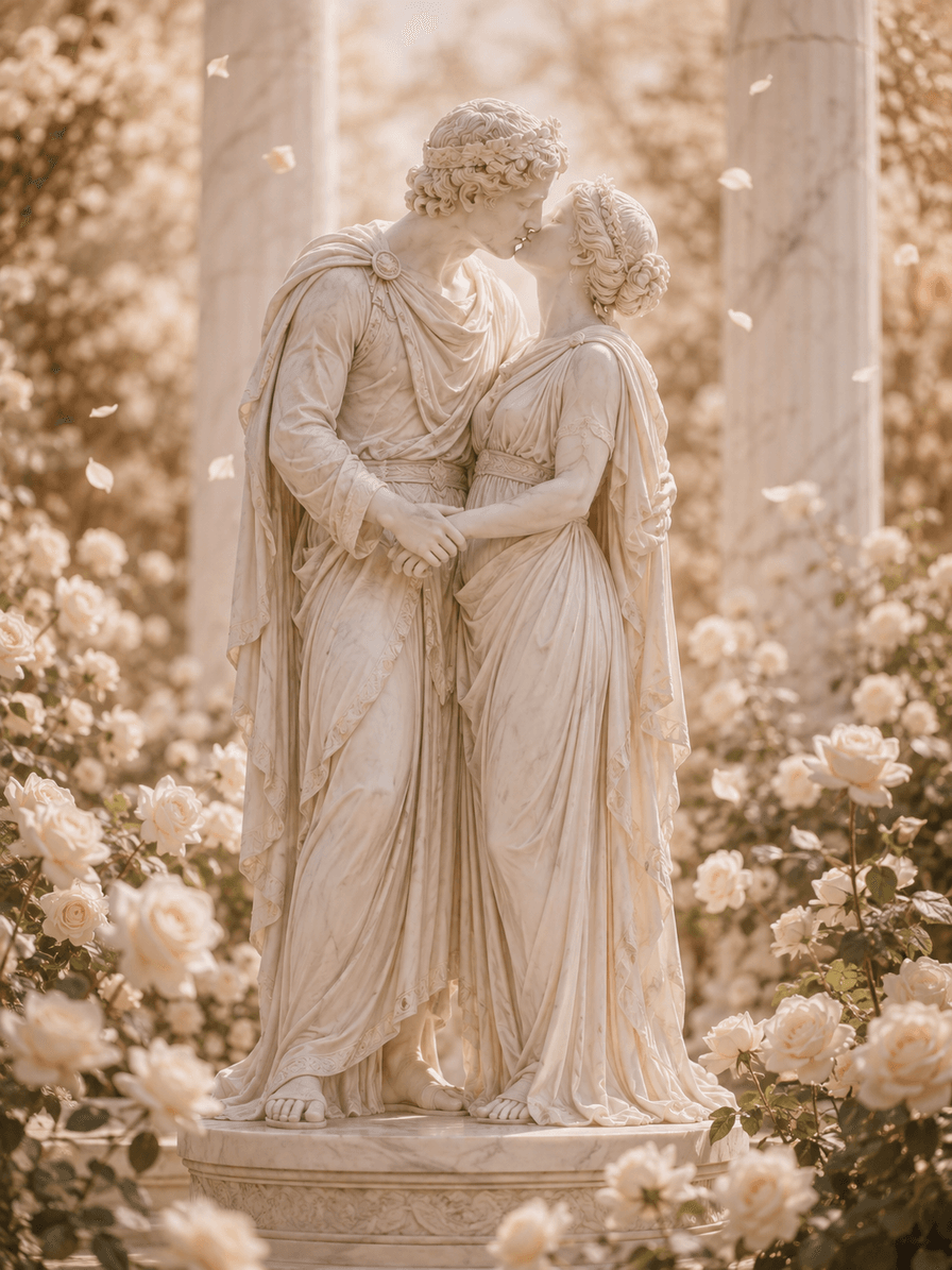 Estátua da deusa Afrodite entre rosas brancas