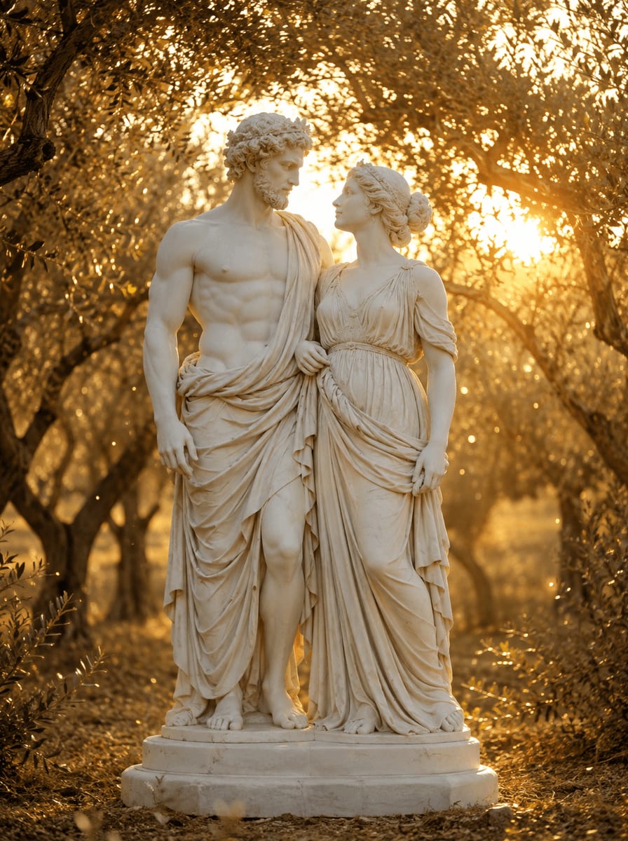 Casal de estátuas de mármore em bosque de oliveiras ao pôr do sol