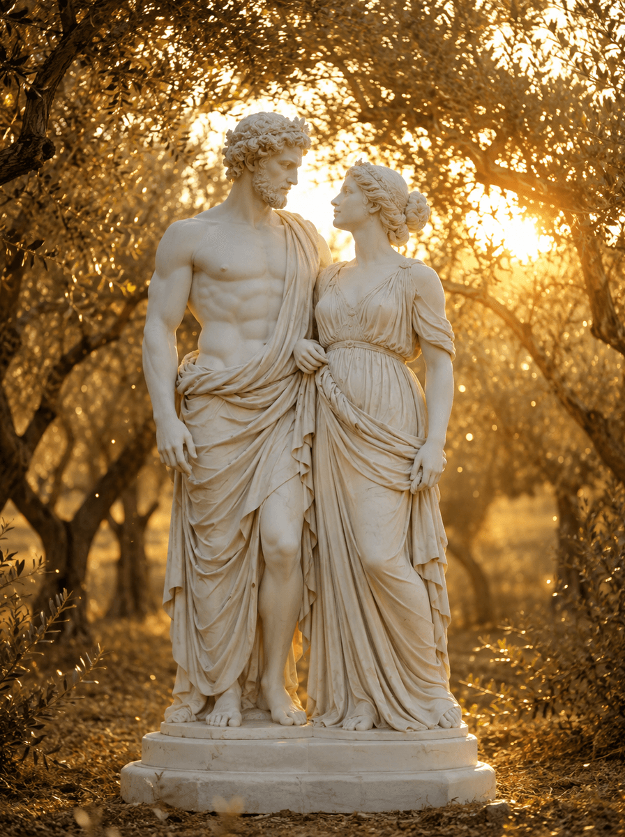 Casal de estátuas de mármore em bosque de oliveiras ao pôr do sol