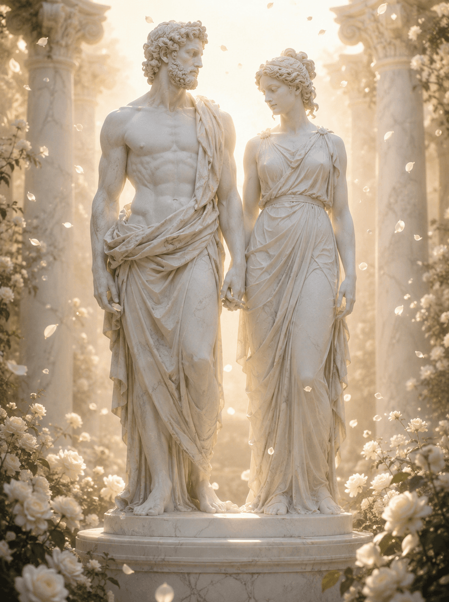 Casal de estátuas de mármore em um jardim de rosas