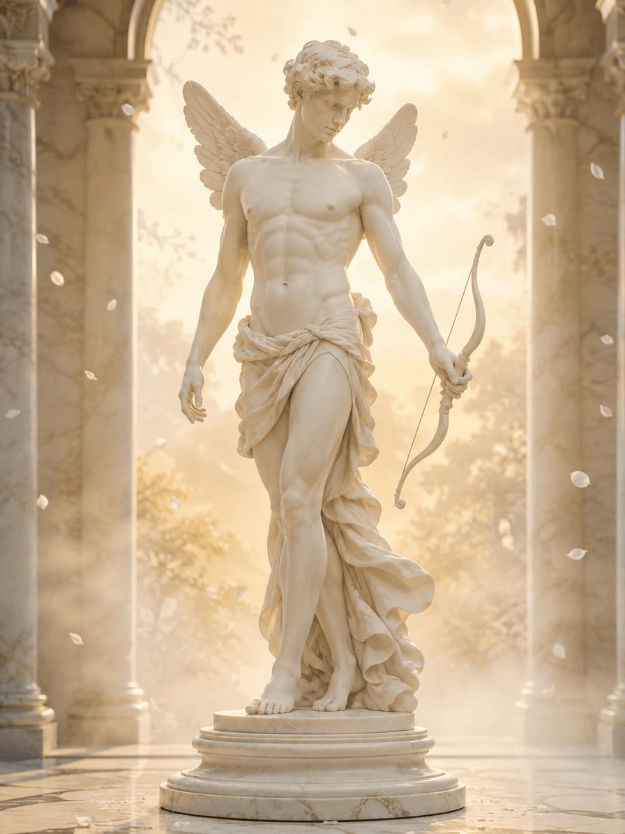 Estátua de Eros com arco em pórtico de mármore