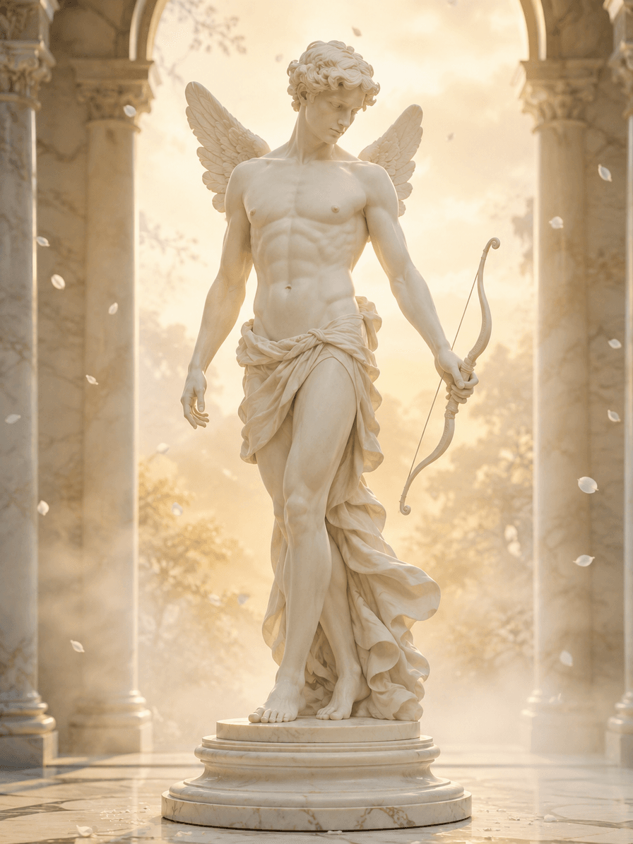 Estátua de Eros com arco em pórtico de mármore