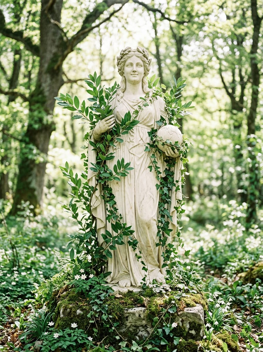 Estátua da deusa Gaia abraçada por folhas de louro