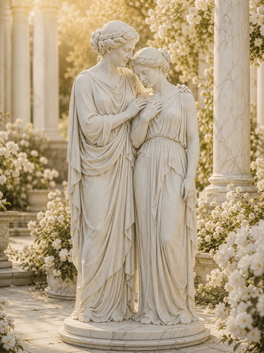 Duas estátuas femininas de mármore, mãe e filha, em jardim grego