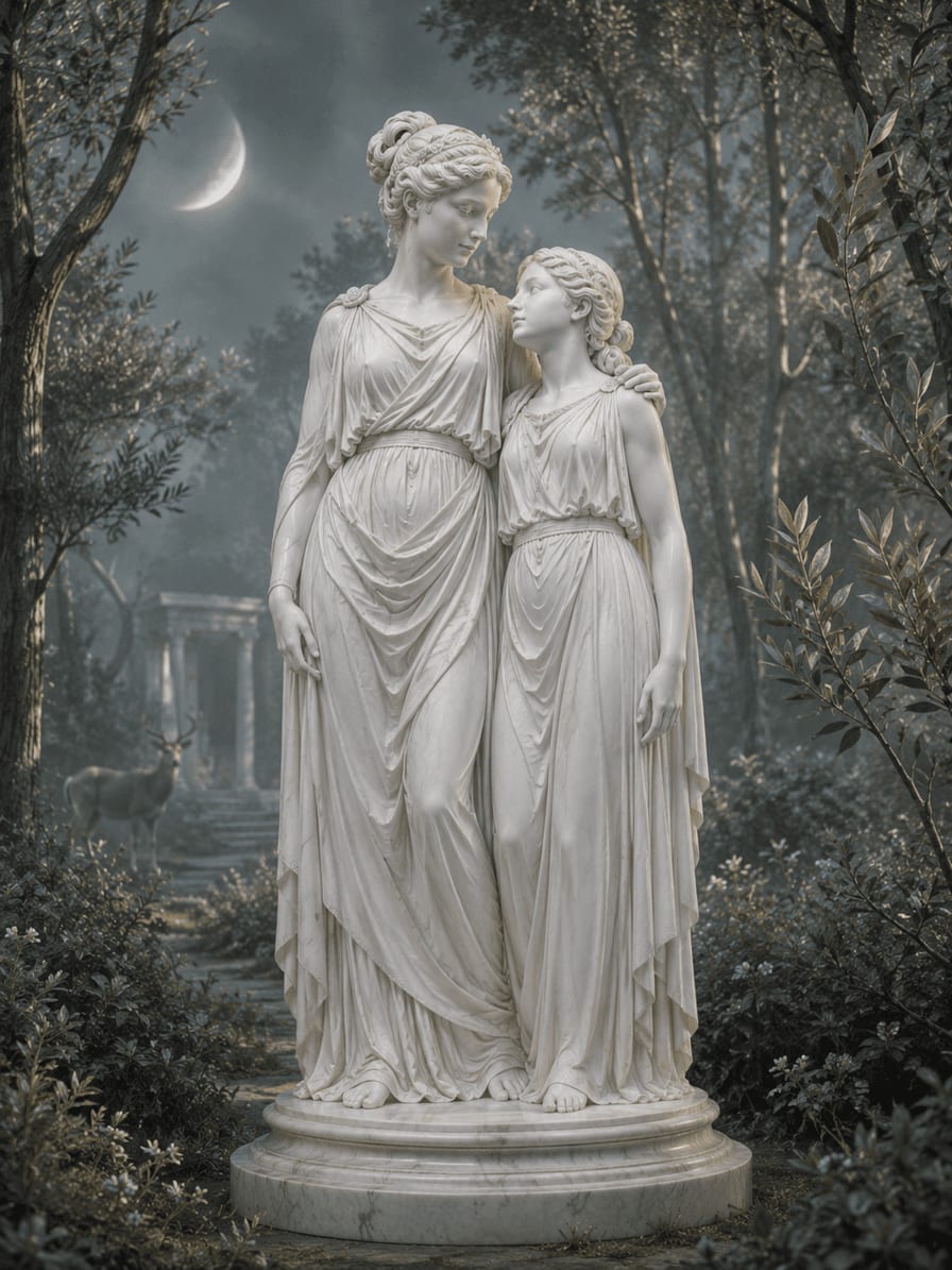 Duas estátuas femininas de mármore em um bosque de Ártemis