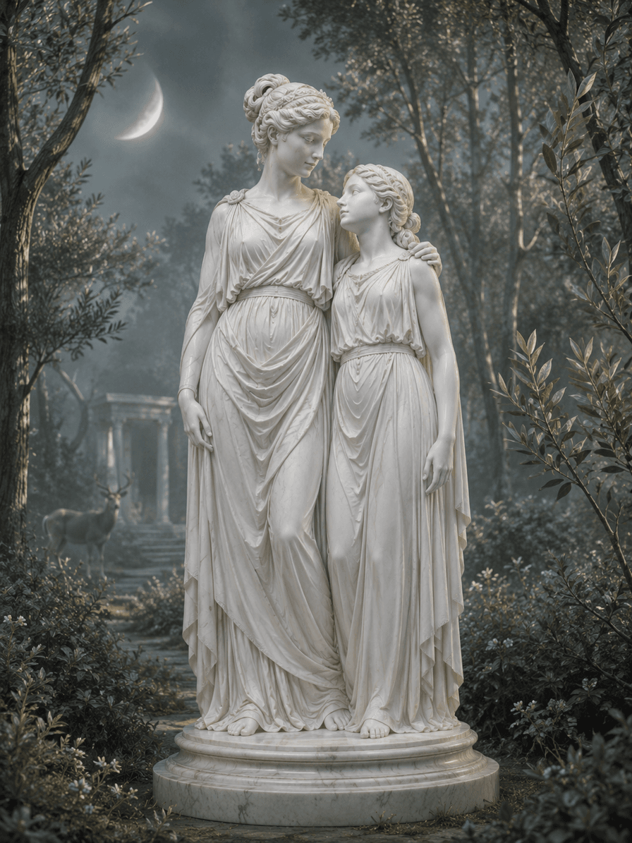 Duas estátuas femininas de mármore em um bosque de Ártemis