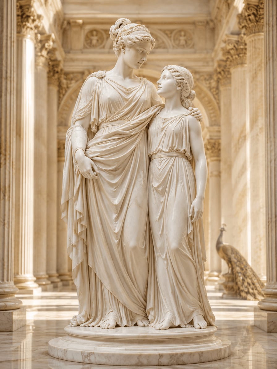 Duas estátuas femininas de mármore em um templo de Hera