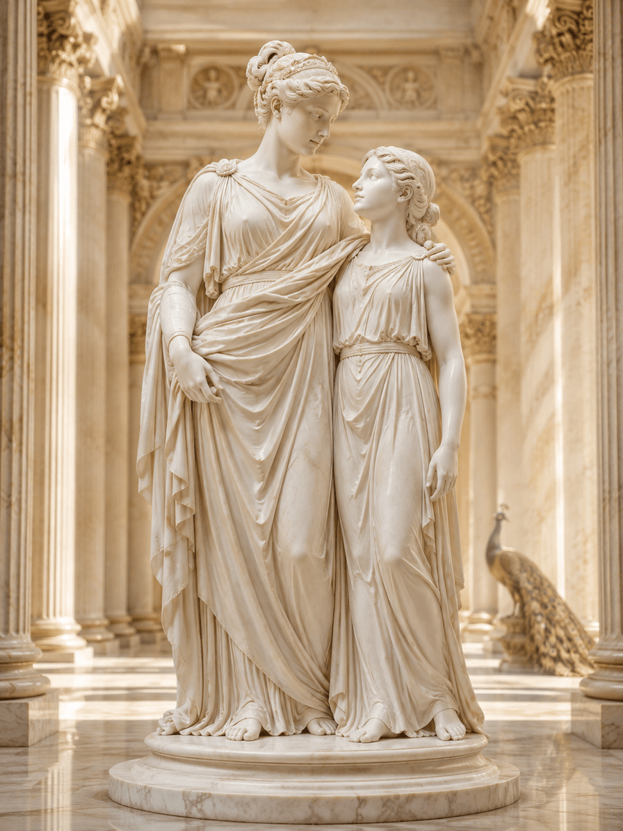 Duas estátuas femininas de mármore em um templo de Hera