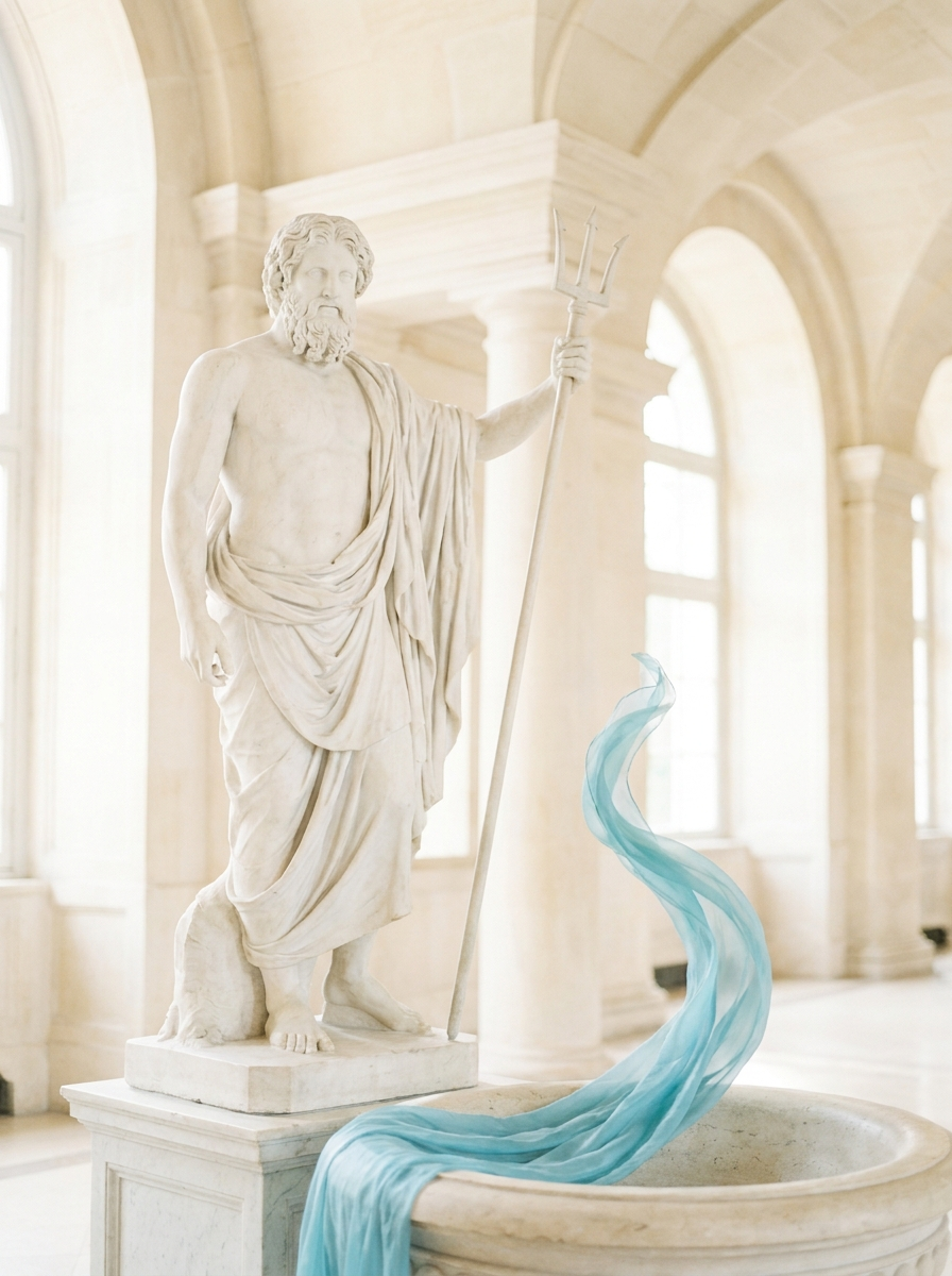 Estátua de Poseidon com tridente e onda serena
