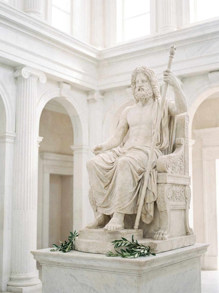Estátua de Zeus entronado em salão de mármore