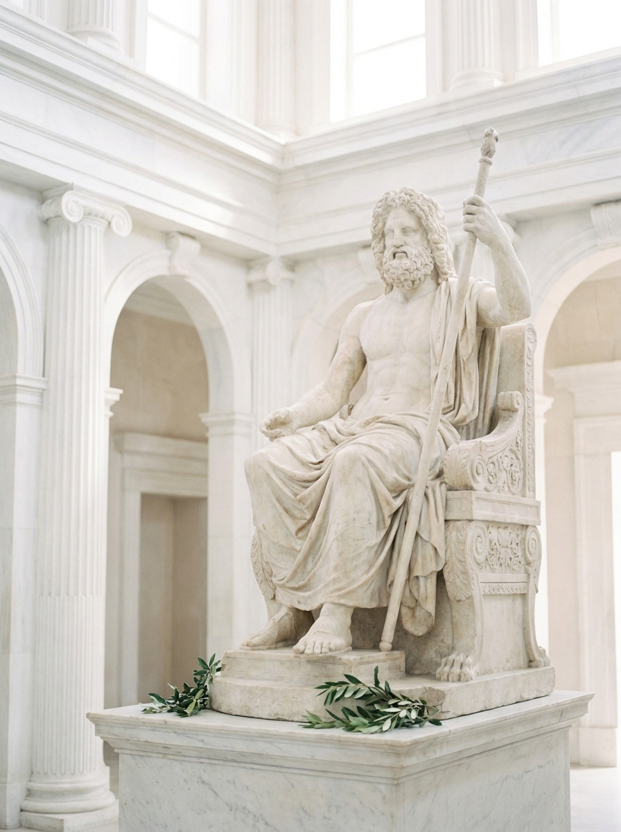 Estátua de Zeus entronado em salão de mármore