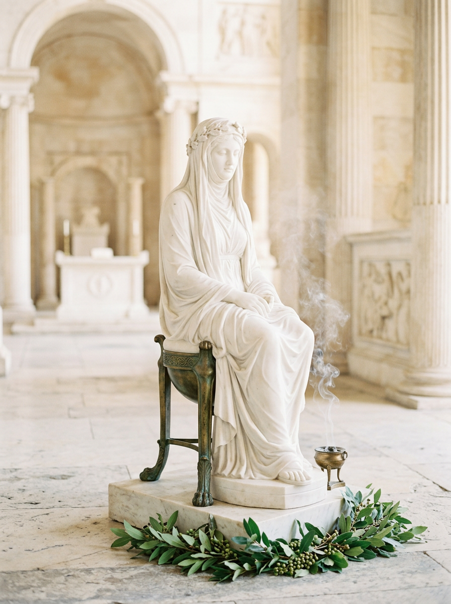 Estátua da pitonisa de Delfos junto ao tripé do oráculo