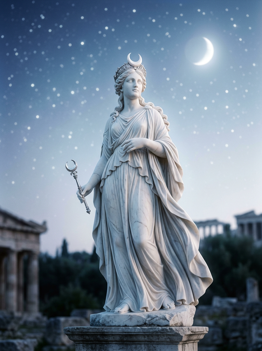 Estátua da deusa Selene com diadema de lua crescente