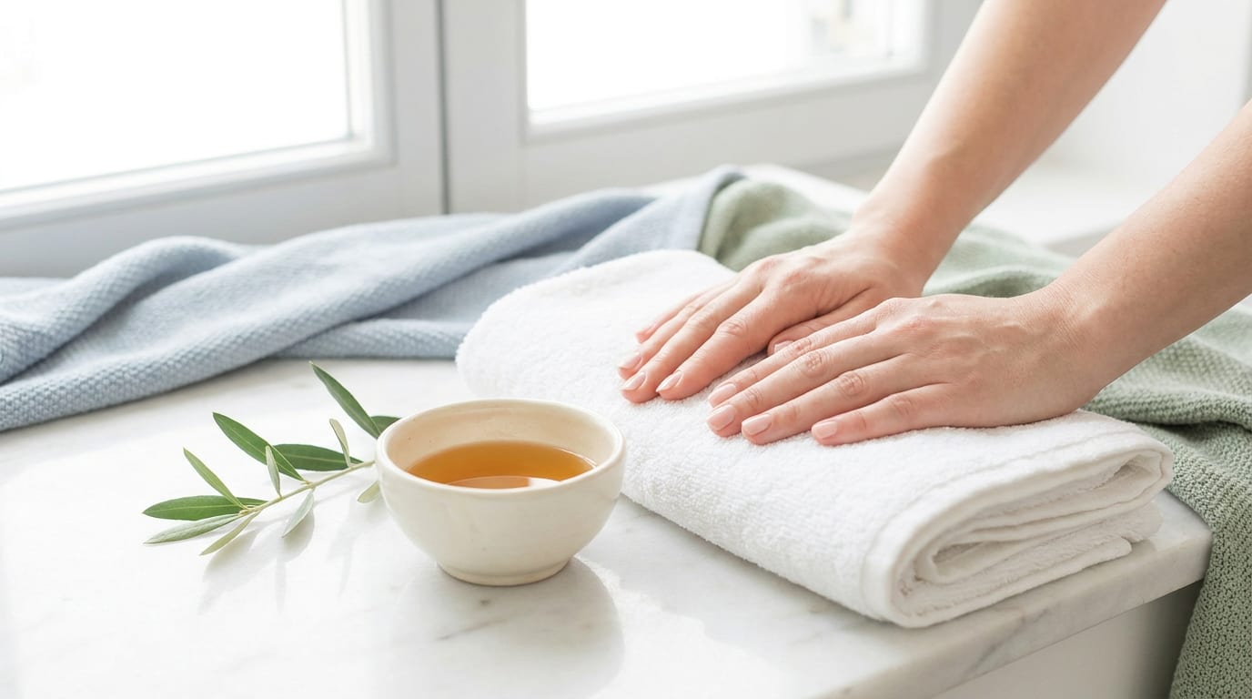 Mãos de terapeuta sobre toalha branca com óleo