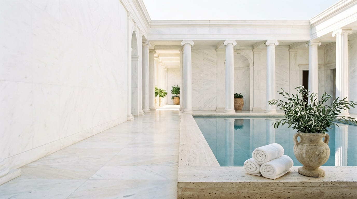 Santuário de mármore com colunas e piscina
